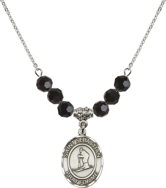 Sterling Silver Saint Sebastian/Skiing Birthstone Necklace with Jet Beads - 8169
