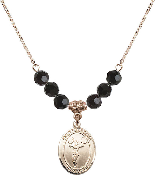 14kt Gold Filled Saint Sebastian/Cheerleading Birthstone Necklace with Jet Beads - 8170