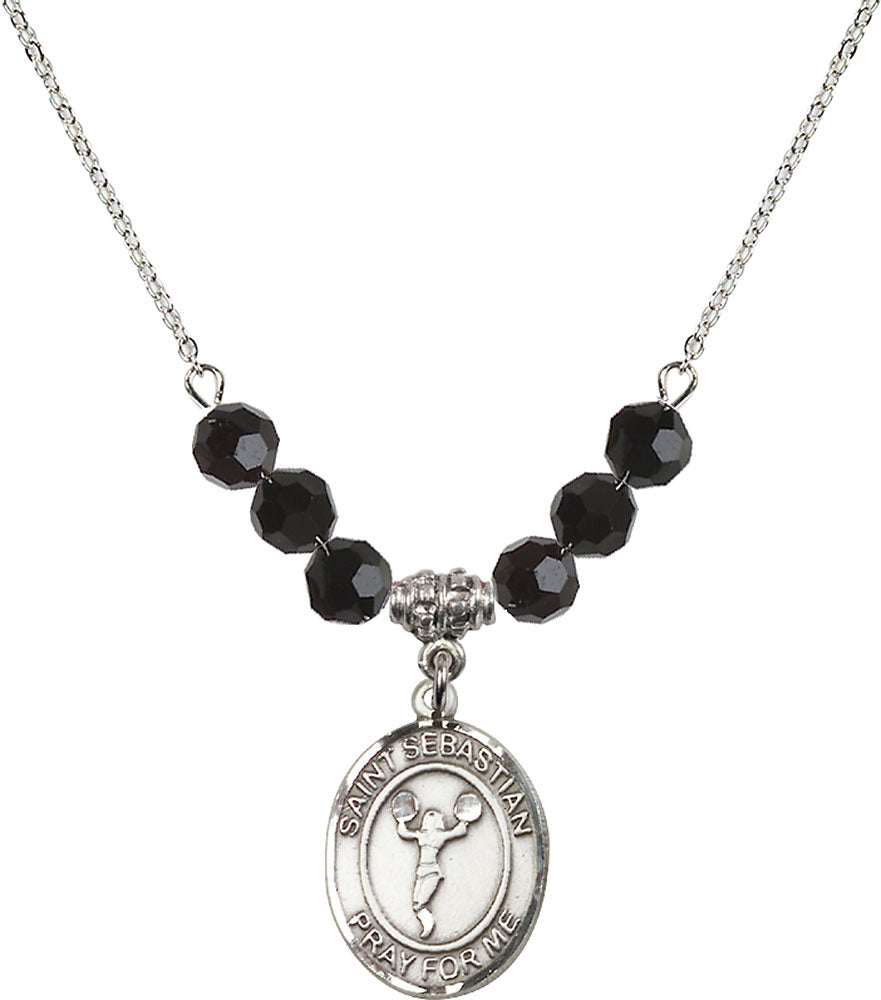 Sterling Silver Saint Sebastian/Cheerleading Birthstone Necklace with Jet Beads - 8170