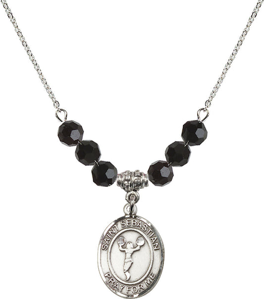 Sterling Silver Saint Sebastian/Cheerleading Birthstone Necklace with Jet Beads - 8170