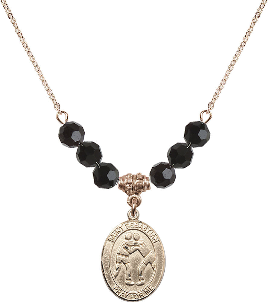 14kt Gold Filled Saint Sebastian/Wrestling Birthstone Necklace with Jet Beads - 8171