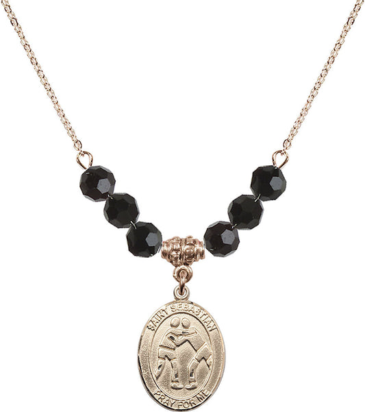 14kt Gold Filled Saint Sebastian/Wrestling Birthstone Necklace with Jet Beads - 8171