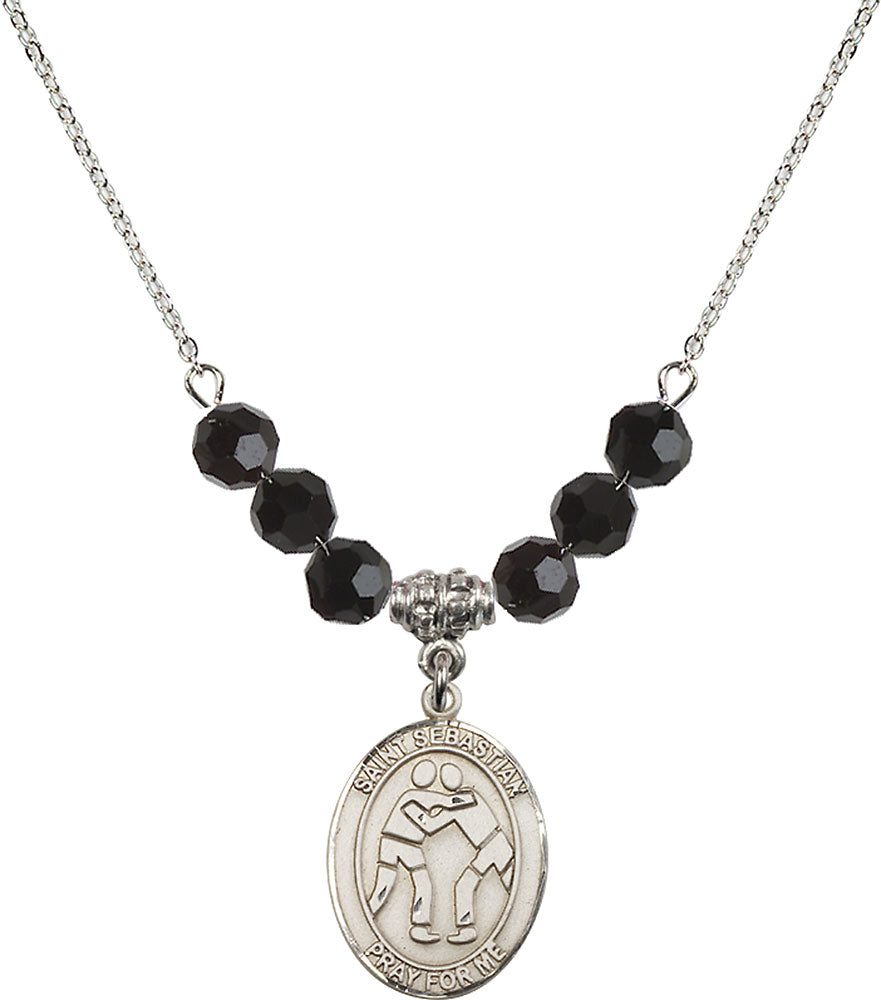 Sterling Silver Saint Sebastian/Wrestling Birthstone Necklace with Jet Beads - 8171