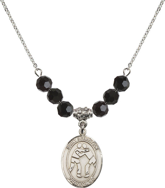Sterling Silver Saint Sebastian/Wrestling Birthstone Necklace with Jet Beads - 8171