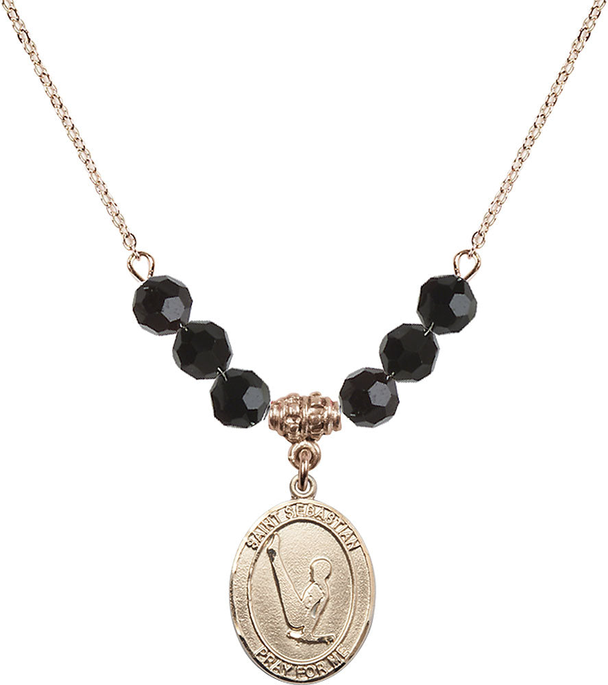 14kt Gold Filled Saint Sebastian/Gymnastics Birthstone Necklace with Jet Beads - 8172