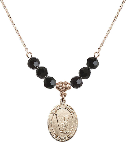 14kt Gold Filled Saint Sebastian/Gymnastics Birthstone Necklace with Jet Beads - 8172