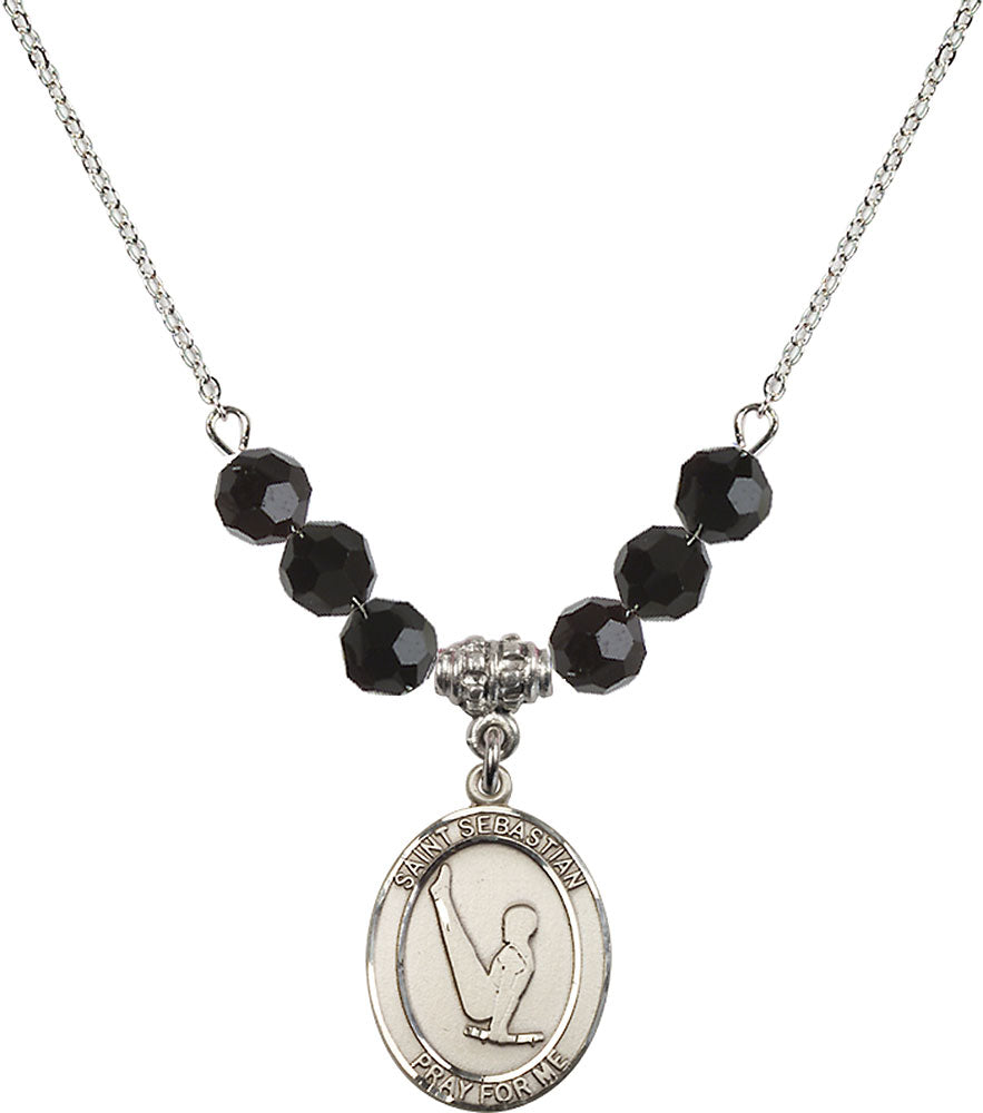 Sterling Silver Saint Sebastian/Gymnastics Birthstone Necklace with Jet Beads - 8172