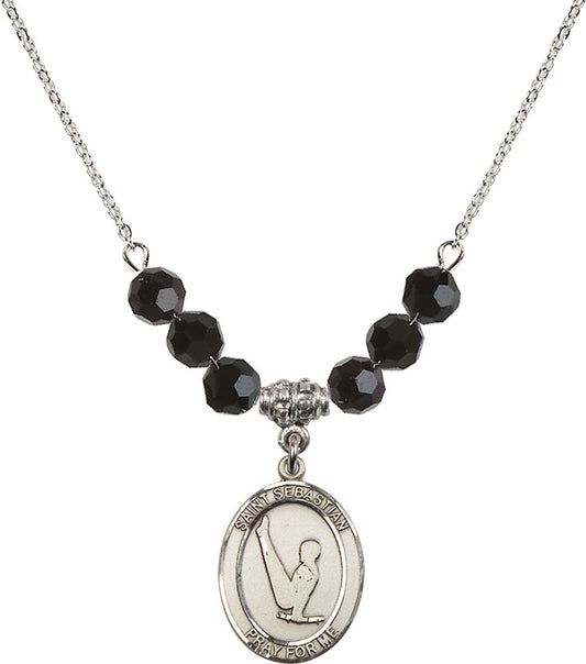 Sterling Silver Saint Sebastian/Gymnastics Birthstone Necklace with Jet Beads - 8172