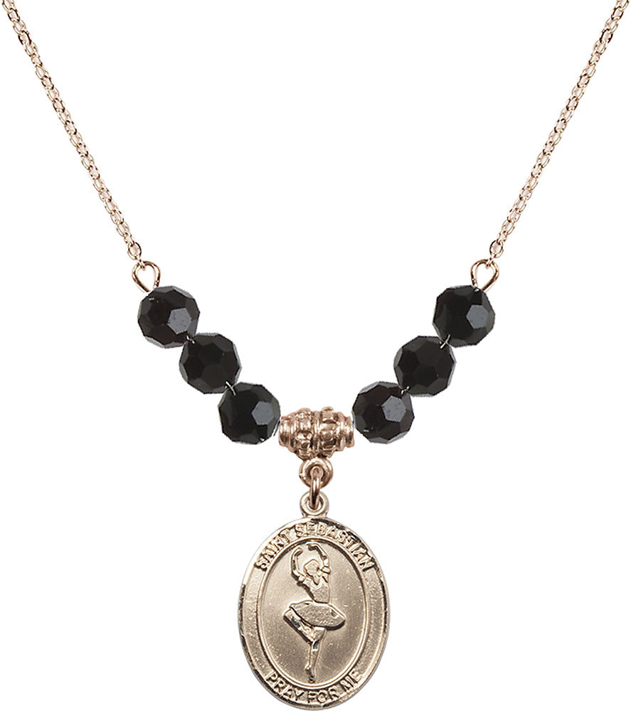 14kt Gold Filled Saint Sebastian/Dance Birthstone Necklace with Jet Beads - 8173