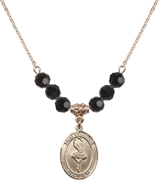 14kt Gold Filled Saint Sebastian/Dance Birthstone Necklace with Jet Beads - 8173