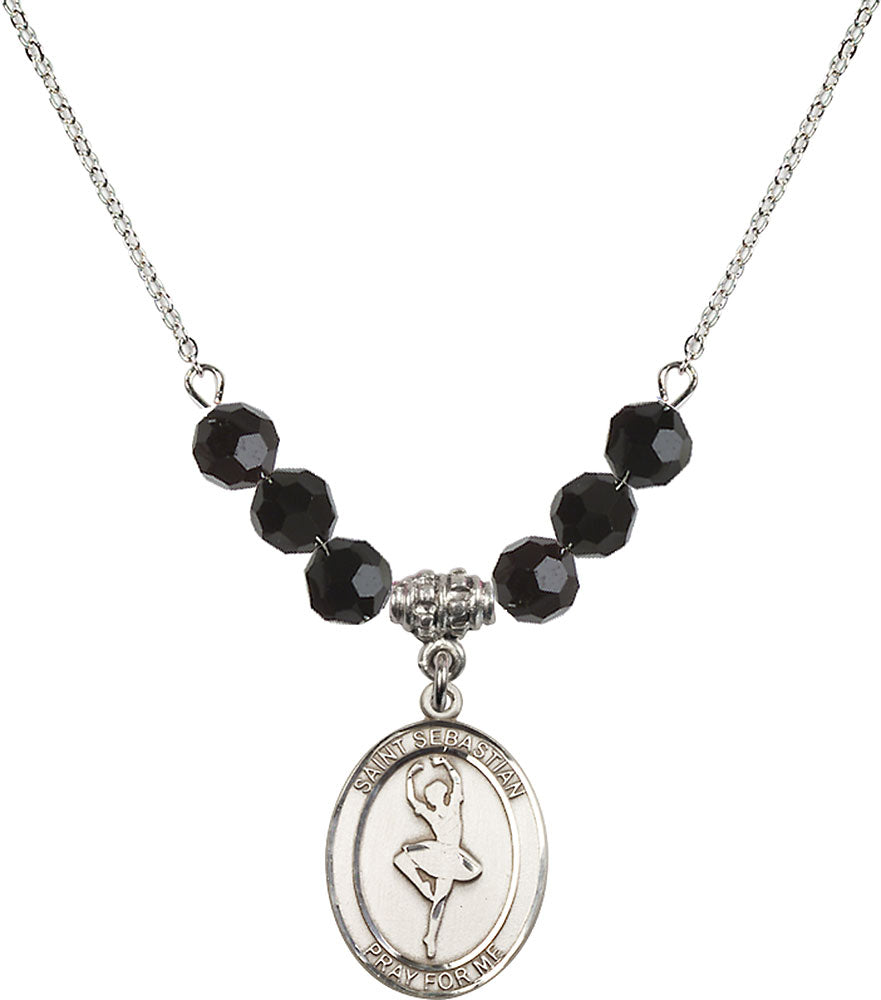 Sterling Silver Saint Sebastian/Dance Birthstone Necklace with Jet Beads - 8173
