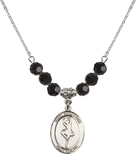 Sterling Silver Saint Sebastian/Dance Birthstone Necklace with Jet Beads - 8173