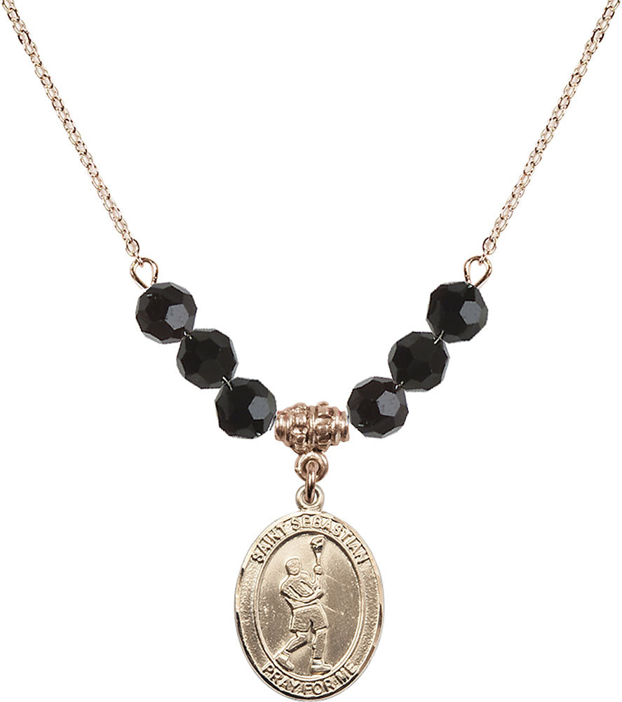 14kt Gold Filled Saint Sebastian/Lacrosse Birthstone Necklace with Jet Beads - 8174