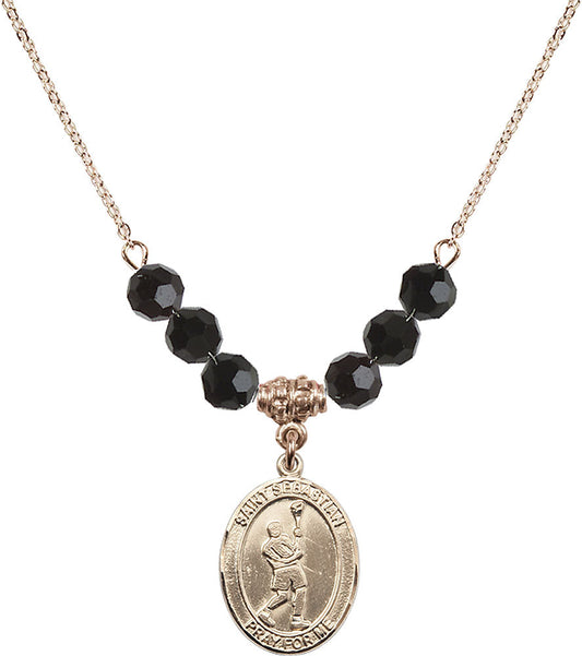 14kt Gold Filled Saint Sebastian/Lacrosse Birthstone Necklace with Jet Beads - 8174