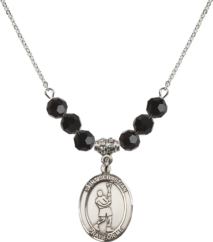 Sterling Silver Saint Sebastian/Lacrosse Birthstone Necklace with Jet Beads - 8174