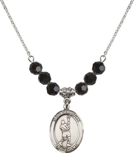 Sterling Silver Saint Sebastian/Lacrosse Birthstone Necklace with Jet Beads - 8174