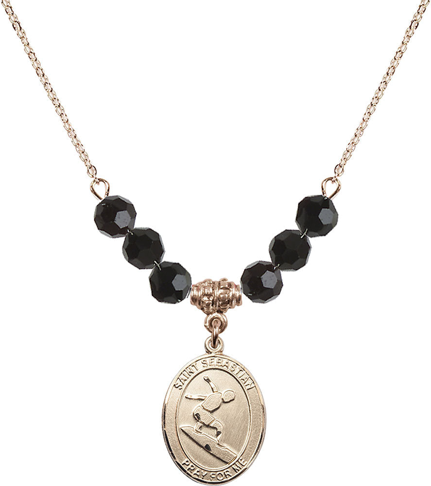 14kt Gold Filled Saint Sebastian/Surfing Birthstone Necklace with Jet Beads - 8175