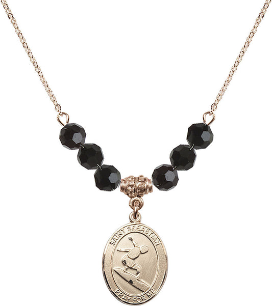 14kt Gold Filled Saint Sebastian/Surfing Birthstone Necklace with Jet Beads - 8175