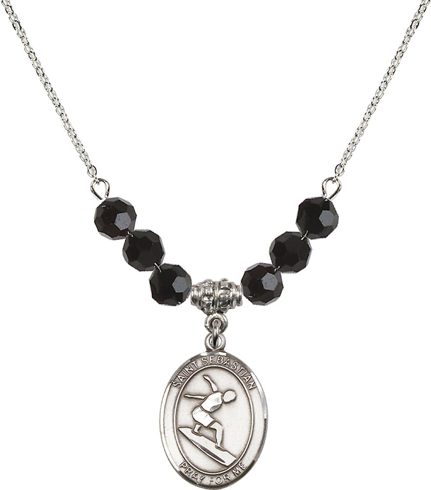 Sterling Silver Saint Sebastian/Surfing Birthstone Necklace with Jet Beads - 8175