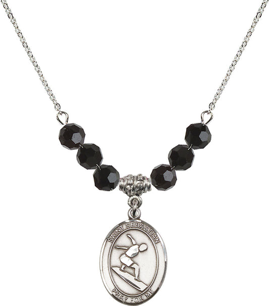 Sterling Silver Saint Sebastian/Surfing Birthstone Necklace with Jet Beads - 8175