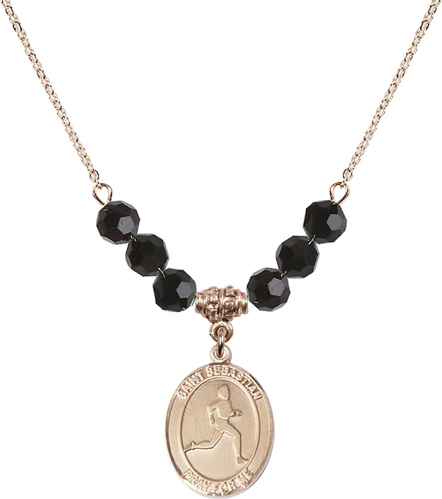 14kt Gold Filled Saint Sebastian/Track & Field Birthstone Necklace with Jet Beads - 8176
