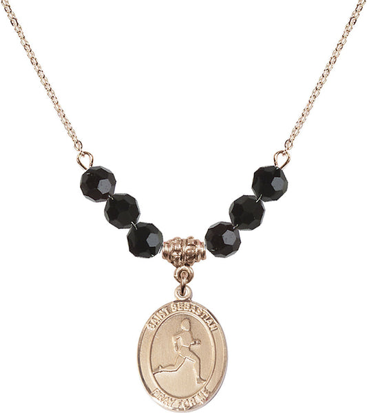 14kt Gold Filled Saint Sebastian/Track & Field Birthstone Necklace with Jet Beads - 8176
