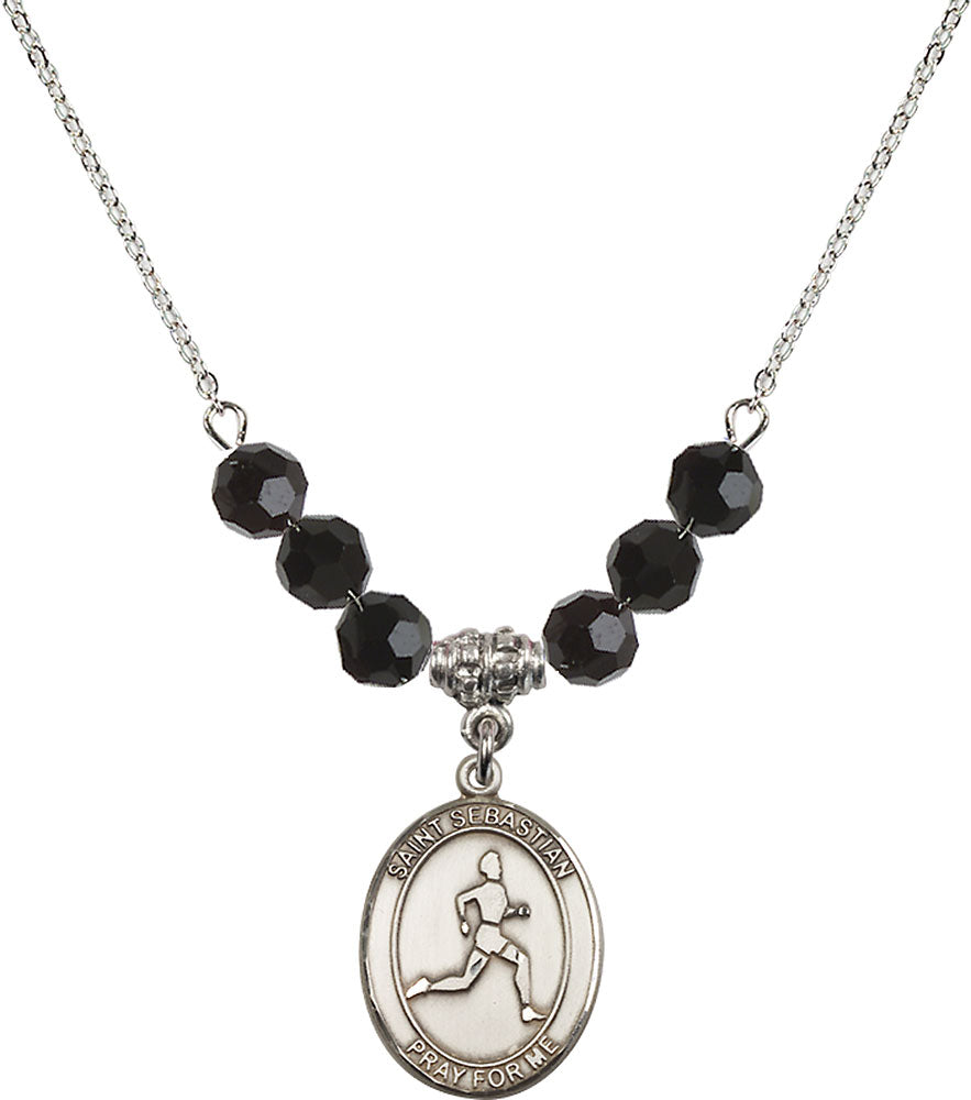 Sterling Silver Saint Sebastian/Track & Field Birthstone Necklace with Jet Beads - 8176