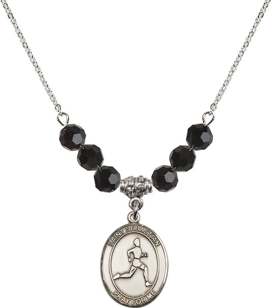 Sterling Silver Saint Sebastian/Track & Field Birthstone Necklace with Jet Beads - 8176