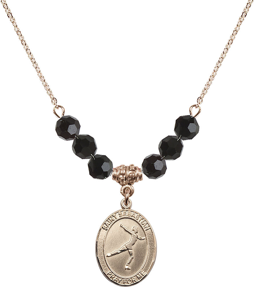 14kt Gold Filled Saint Sebastian/Figure Skating Birthstone Necklace with Jet Beads - 8177