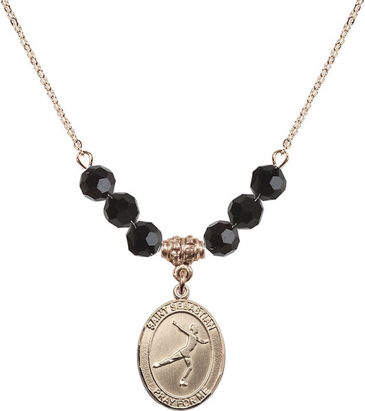 14kt Gold Filled Saint Sebastian/Figure Skating Birthstone Necklace with Jet Beads - 8177