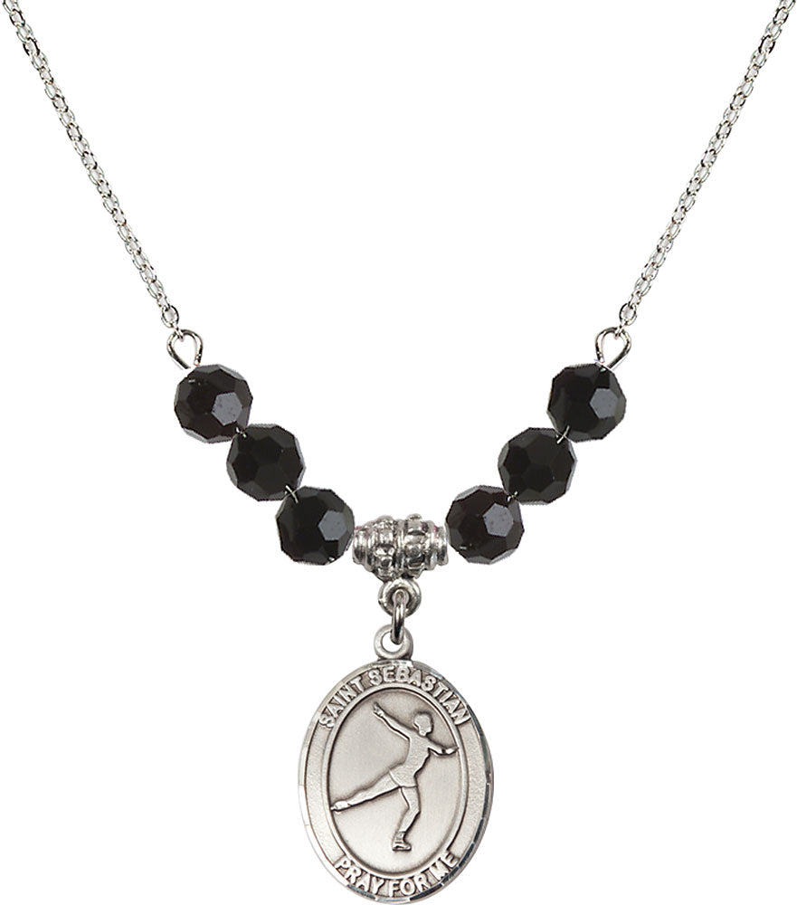 Sterling Silver Saint Sebastian/Figure Skating Birthstone Necklace with Jet Beads - 8177