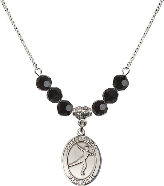 Sterling Silver Saint Sebastian/Figure Skating Birthstone Necklace with Jet Beads - 8177