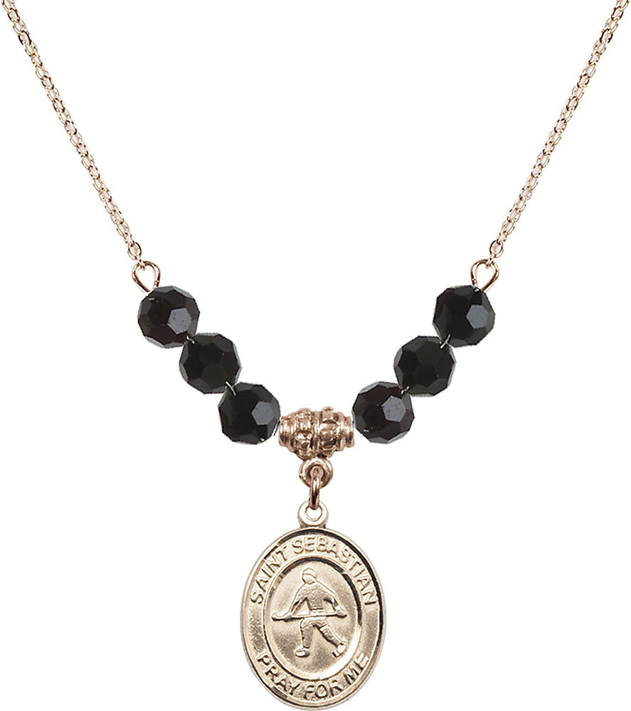14kt Gold Filled Saint Sebastian/Field Hockey Birthstone Necklace with Jet Beads - 8178