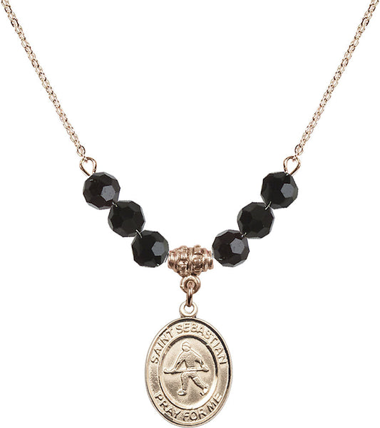 14kt Gold Filled Saint Sebastian/Field Hockey Birthstone Necklace with Jet Beads - 8178