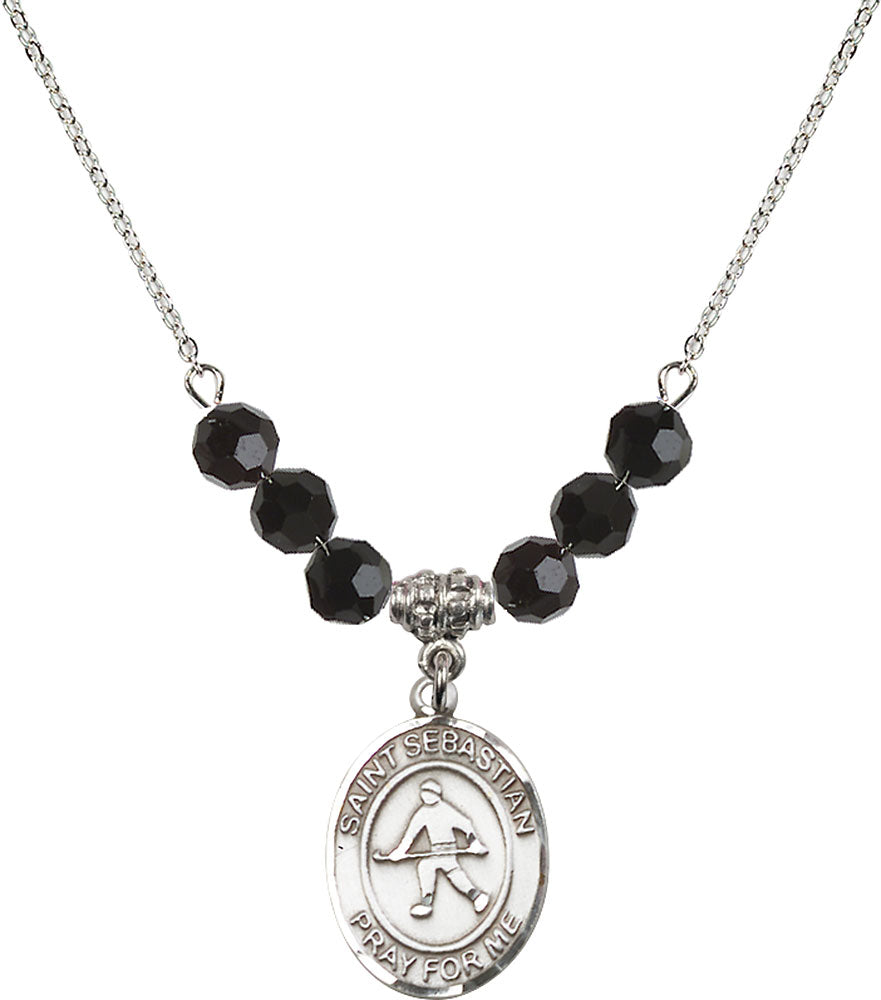 Sterling Silver Saint Sebastian/Field Hockey Birthstone Necklace with Jet Beads - 8178