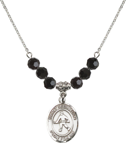 Sterling Silver Saint Sebastian/Field Hockey Birthstone Necklace with Jet Beads - 8178