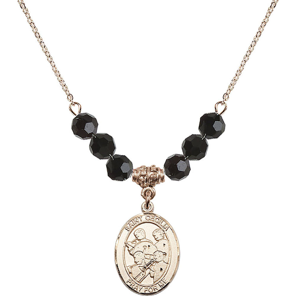 14kt Gold Filled Saint Cecilia / Marching Band Birthstone Necklace with Jet Beads - 8179