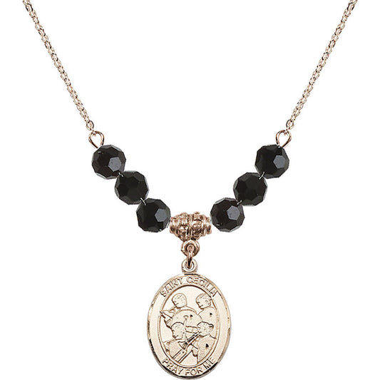 14kt Gold Filled Saint Cecilia / Marching Band Birthstone Necklace with Jet Beads - 8179