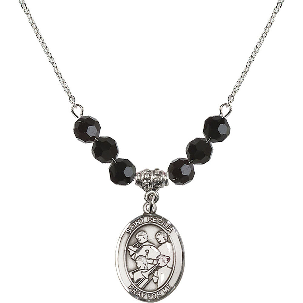 Sterling Silver Saint Cecilia / Marching Band Birthstone Necklace with Jet Beads - 8179