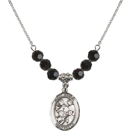 Sterling Silver Saint Cecilia / Marching Band Birthstone Necklace with Jet Beads - 8179