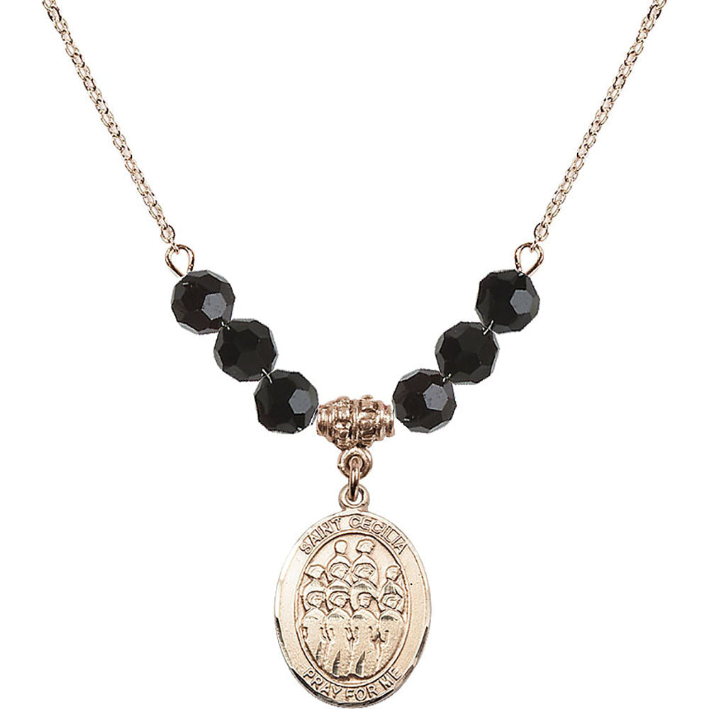 14kt Gold Filled Saint Cecilia / Choir Birthstone Necklace with Jet Beads - 8180