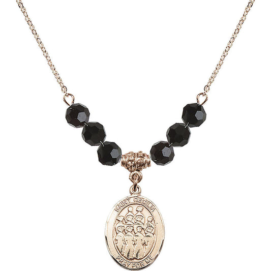 14kt Gold Filled Saint Cecilia / Choir Birthstone Necklace with Jet Beads - 8180