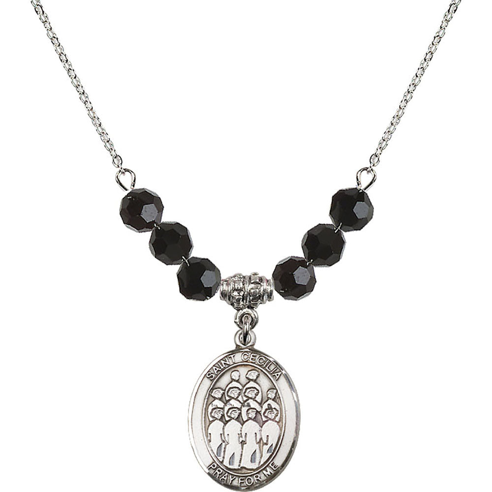 Sterling Silver Saint Cecilia / Choir Birthstone Necklace with Jet Beads - 8180