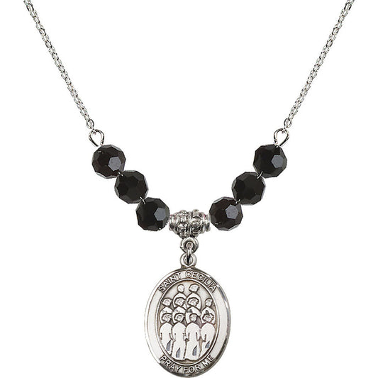 Sterling Silver Saint Cecilia / Choir Birthstone Necklace with Jet Beads - 8180