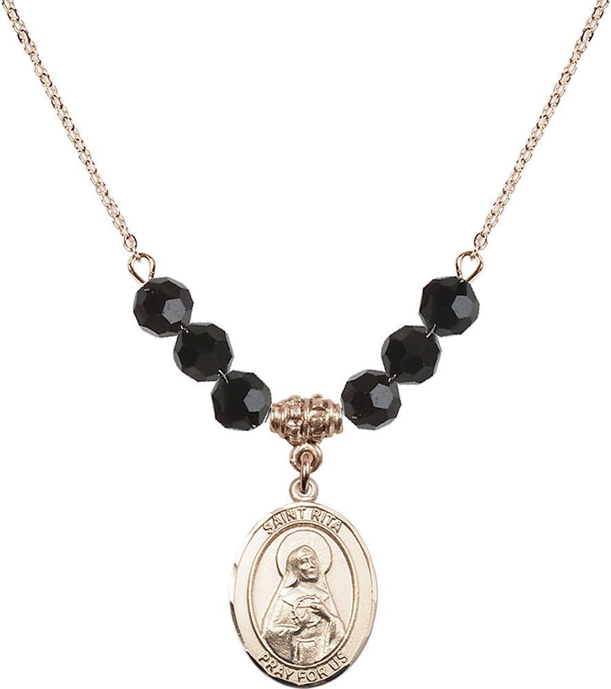 14kt Gold Filled Saint Rita / Baseball Birthstone Necklace with Jet Beads - 8181