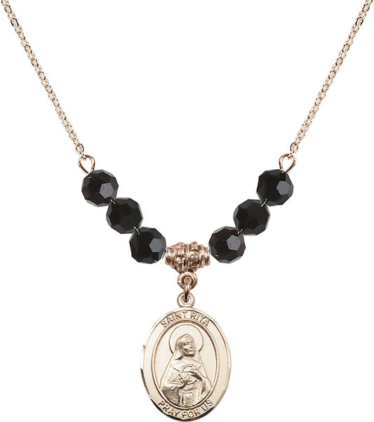 14kt Gold Filled Saint Rita / Baseball Birthstone Necklace with Jet Beads - 8181