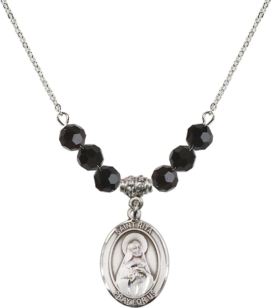 Sterling Silver Saint Rita / Baseball Birthstone Necklace with Jet Beads - 8181
