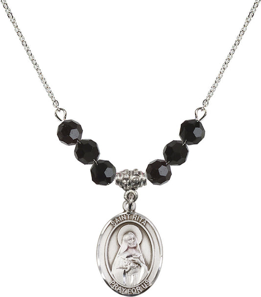 Sterling Silver Saint Rita / Baseball Birthstone Necklace with Jet Beads - 8181