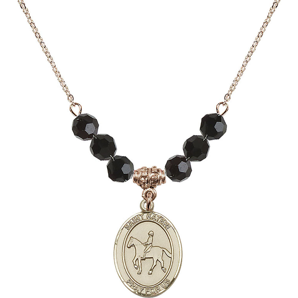 14kt Gold Filled Saint Kateri/Equestrian Birthstone Necklace with Jet Beads - 8182
