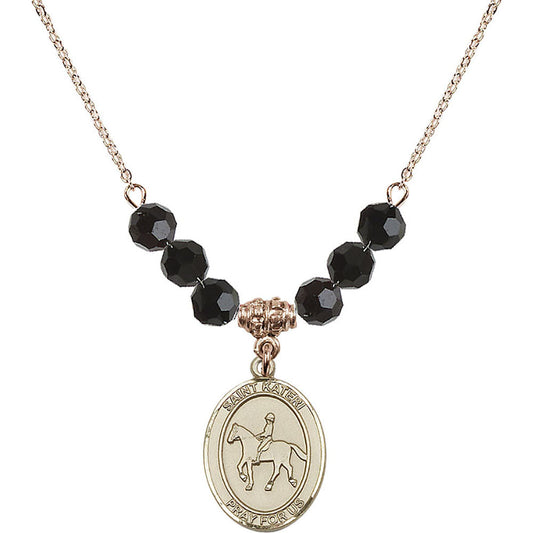 14kt Gold Filled Saint Kateri/Equestrian Birthstone Necklace with Jet Beads - 8182